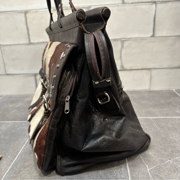 American West duffel travel bag western leather cowhide brown large - Picture 7 of 11